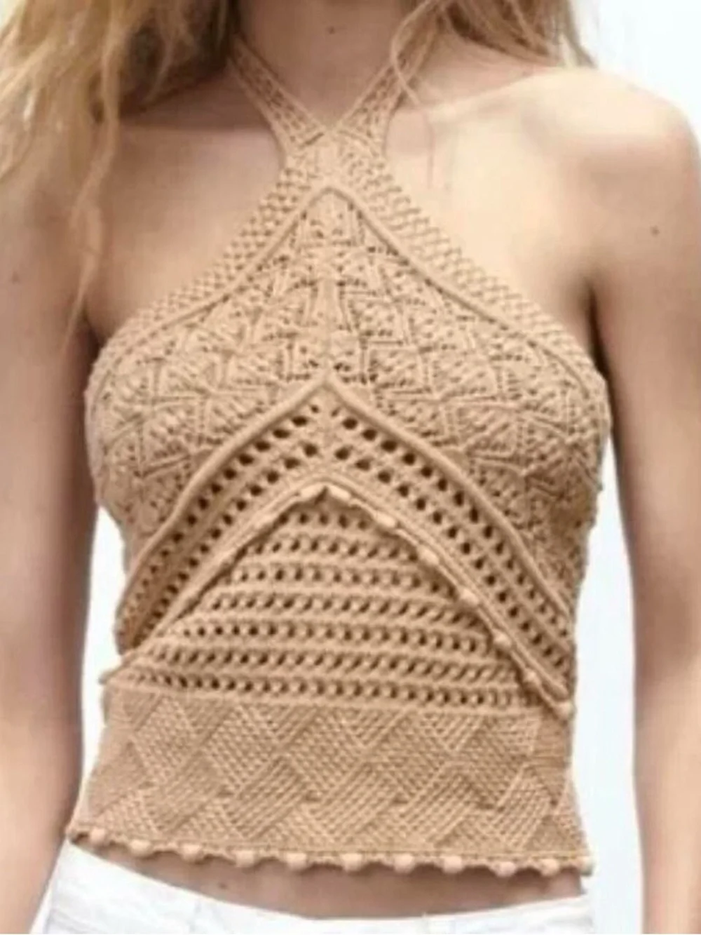 Zara Crochet Knit Halter Top in Camel Small - Picture 2 of 5